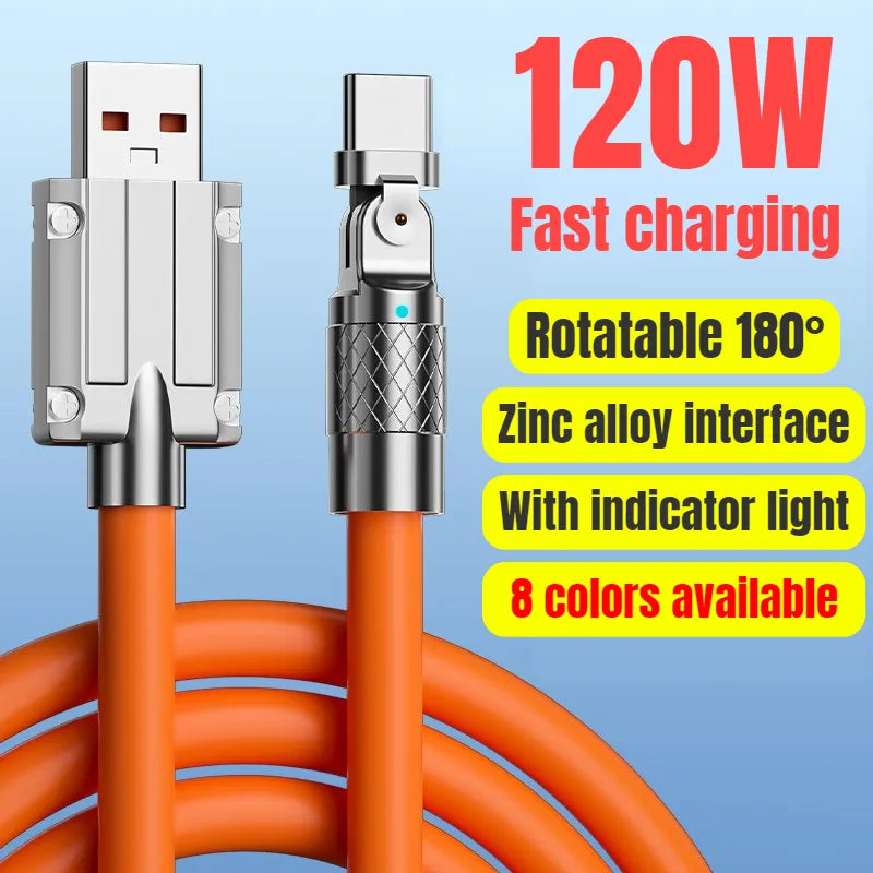 180° Rotatable 120w Super Fast Charging Cable - Liquid Silicone Charge Cable For ALL Phones!